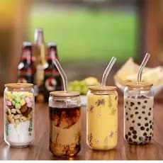 Copo Lata 500ml Com Tampa Bambu E Canudo Vidro Drinks
