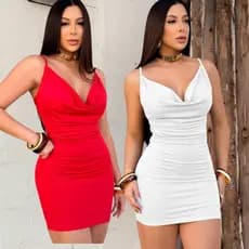 Vestido Feminino Vermelho Branco Babado na Frente Tiras Alça Fina Justo Midi Tubinho Natal