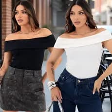 Blusa Feminina Ombro a Ombro Estilo 1 Um Hum Ombro Só Mula Manca Gola Redonda Elegante Tendência