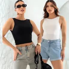Kit 2 Cropped Feminino Blusa Regata Com Alça Costa Nua Decote Redondo Suplex Forro Duplo Verão Casual