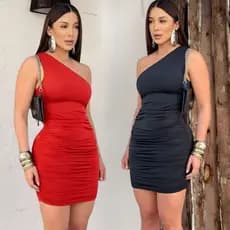 Vestido Coladinho  Feminino Tubinho Midi Mula Manca Um Ombro Só Forro Duplo Suplex Vermelho Branco