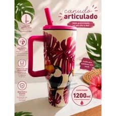Garrafa Caneca Copo Térmico Grande Com Canudo E Alça Inox 304 Estampado Pássaros 1,2L (1200ml)