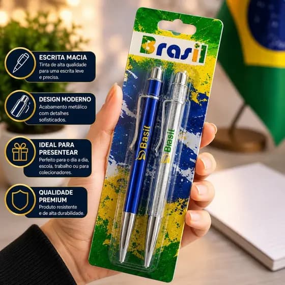 Kit 2 Canetas Brasil Copa do Mundo -Escrita Suave -Material Escolar Escritório -Futebol Envio Rápido