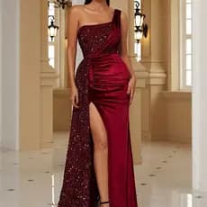Atacado Vestidos Elegantes Femininos Modestos Um Ombro Cetim Vestido De Festa À Noite Lantejoulas