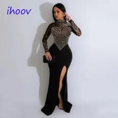 IHOOV Vestido Feminino De Manga Comprida Com Diamante Quente E Cor Sólida Para Festa Noite