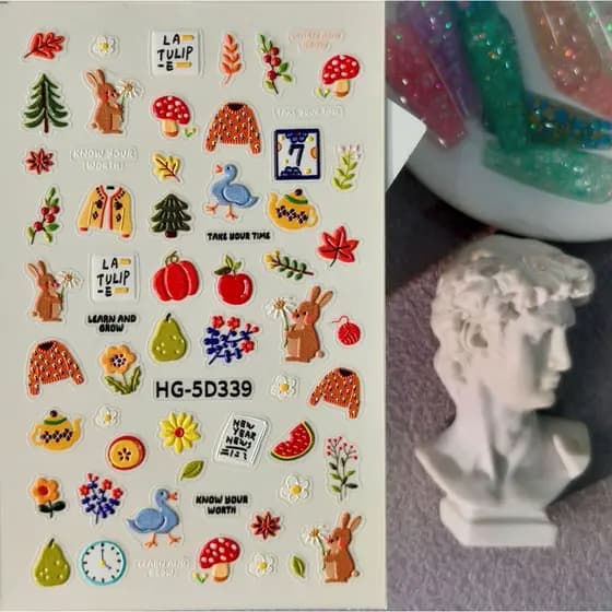 Adesivos de Arte para Unhas de Coelhinho Fofo para Piquenique, 5D em Relevo, Coelho de Pão 3D, Decorações DIY