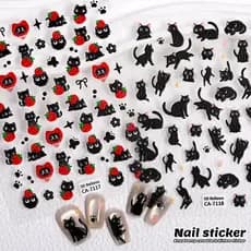 Adesivos de Manicure gato preto fofo 5D em relevo desenho animado morango gatinho adesivos de unhas decorações