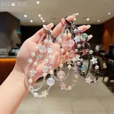 Corrente de celular de dupla camada com estrela-do-mar de cristal brilhante, alça curta para celular com contas de pérol