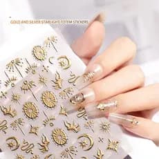 Adesivos de Arte para Unhas com Totem de Estrela e Lua em Ouro, Decorações DIY 5D em Relevo com Totem de Cobra em Ouro e