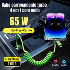Cabo carregamento turbo 4 em 1 com mola, USB,65W, ideal para carregar celulares com super velocidade