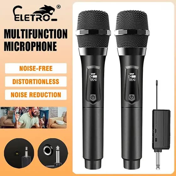Microfone dinâmico sem fio profissional duplo UHF recarregável