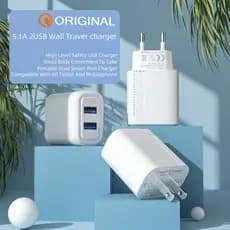 Kit carregador 5.1A com duas portas USB para carregamento rápido e cabo de dados incluído