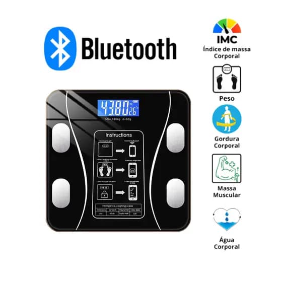 Balança Digital Corporal Bioimpedância 180KG Com Pilhas Display Lcd Bluetooth Aplicativo Fitness Treino Balança Banheiro