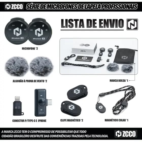 ZCCO J6-F Microfone Lapela Sem Fio Profissional Magnético Cancelamento Ruído Captação 360° Compatível iPhone iOS