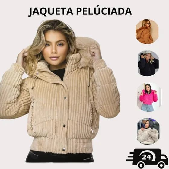 Jaqueta Puffer Pelúciada Cotelê Capuz Pelinho