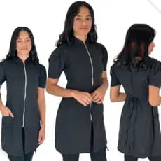 Jaleco Preto Feminino Com Manga Bufante Gola Padre Ziper Tecido Oxford