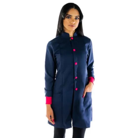 Jaleco Feminino Acinturado Azul marinho com Punho e botão Rosa Pink