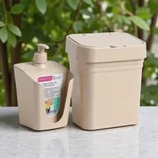 Kit Cozinha – Lixeira de Pia 2,8L com Tampa + Dispenser de Detergente 610ml com Suporte