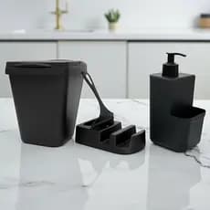Kit Organizador de Pia Cozinha Completo – Lixeira 4,8L + Dispenser + Porta Detergente + Rodinho