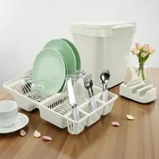 Kit Pia Cozinha 4 Peças – Lixeira + Porta Detergente + Rodinho + Escorredor Louça | Bancada