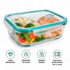 Pote de Vidro Hermético Fit 1040ml Tampa 4 Travas Marmita Vidro Retangular Microondas  Geladeira