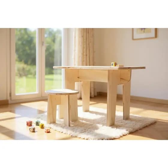 Kit Infantil Mesa e Banco em Compensado Naval - Montagem Rápida e Fácil