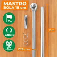 Mastro de Alumínio de Ø28mm com 2metros para Bandeira e ponteira Bola + Presilhas