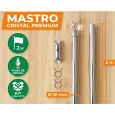Mastro de Alumínio de Ø28mm com 2metros para Bandeira e ponteira Cristal + Presilhas
