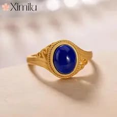 ❤ Anel de lápis-lazúli antigo palácio de luxo azul brilhante masculino feminino joias retrô