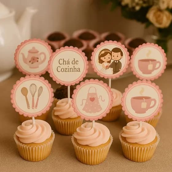 40 Toppers para Chá de Cozinha - Toppers para Chá de Casa Nova - Tags para docinhos - Chá de Cozinha Personalizado Rosa