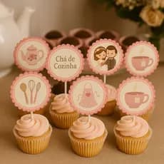 40 Toppers para Chá de Cozinha - Toppers para Chá de Casa Nova - Tags para docinhos - Chá de Cozinha Personalizado Rosa