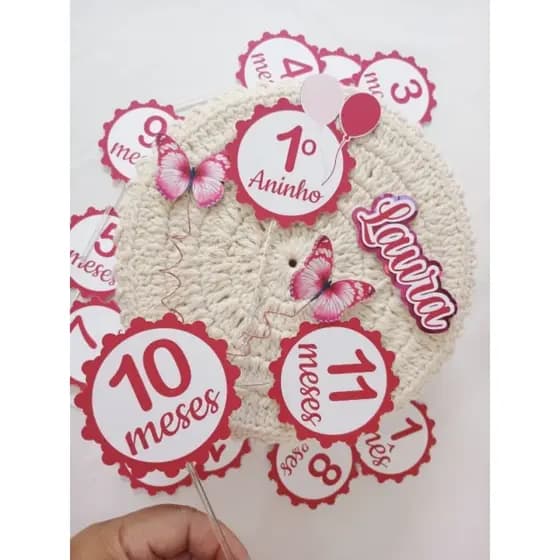 Kit Topper Mêsversário Menina Rosa/Pink com nome e borboletas - Papelaria Personalizada - Topo de bolo personalizado