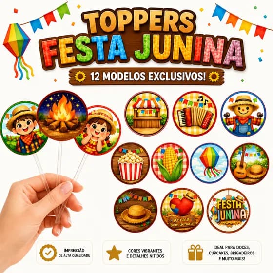 Kit 24 / 36 Toppers para docinhos Tema Festa Junina - Toppers Personalizados - Arraiá Personalizado - Festa São João