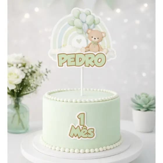 Topo de Bolo Mêsversário Urso Balões Verde Personalizado - Topper Mêsversário 3D - Papelaria Personalizada