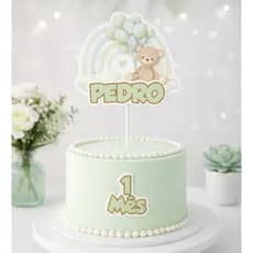 Topo de Bolo Mêsversário Urso Balões Verde Personalizado - Topper Mêsversário 3D - Papelaria Personalizada