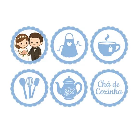 40 Toppers para Chá de Cozinha - Toppers para Chá de Casa Nova - Tags para docinhos - Chá de Cozinha Personalizado Azul