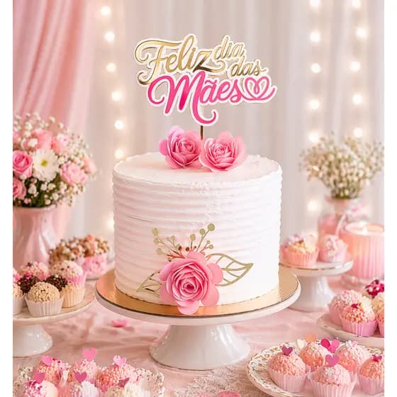 Topo de Bolo Feliz Dia das Mães 3D com flores - Festa Personalizada - Topo Personalizado - Toppers Personalizados