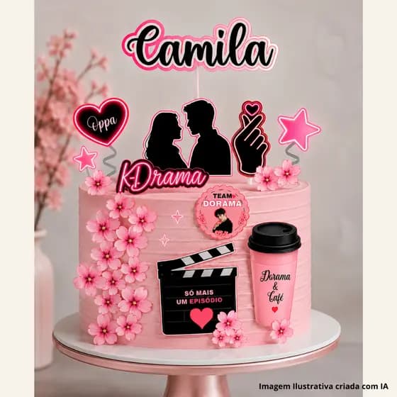 Topo de Bolo Dorama K-Drama Premium Personalizado Rosa Preto Neon - Toppers personalizados para docinhos tema doramas