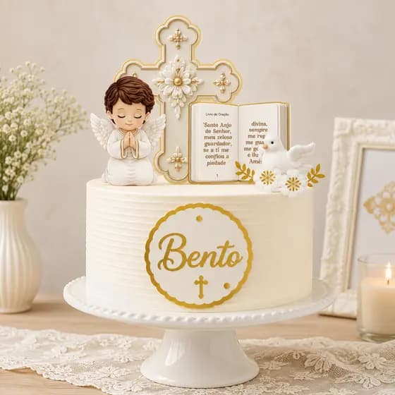 Topo de Bolo Batizado Anjinho 3D Personalizado - Topo Consagração - Bolo Biblía - Livro Oração Personalizada
