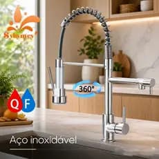 Torneira Cozinha Gourmet Inox Escovado Monocomando Com Spray Extensor Luxo Quente Fria Luxo