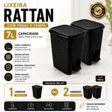 Lixeira Rattan 7L Arqplast Preta com Pedal e Tampa Banheiro Cozinha Escritório Premium