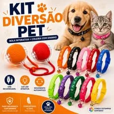Kit Brinquedo Bola Interativa Pet Automática USB LED + Coleira Sininho para Gato e Cachorro