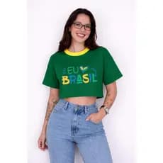 Cropped Feminino Brasil Oversized Verde Amarelo Azul Estampado Copa Torcida Look 2026 Fashion