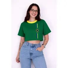 Cropped Feminino Brasil Verde Amarelo Azul Oversized Estampado Copa do Mundo Look Torcida Roupas Femininas