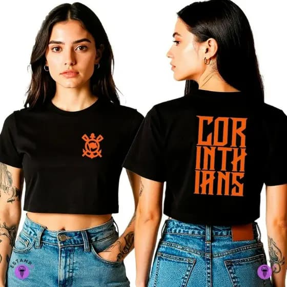 Camisa Camiseta Cropped Corinthians Lançamento Time Futebol Timão Laranja Blusa 100% Algodão Premium Adulto Feminino
