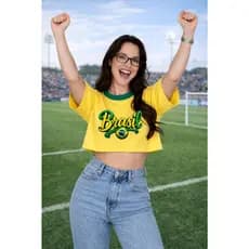 Cropped Feminino Copa do Mundo Brasil Oversized Verde Amarelo Azul Look Torcida 2026