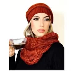 Kit Elegante Conjunto Touca Rabo De Cavalo Com Furo Cabelo + Cachecol Liso Maxi Gola  De Lã Tricot  Outono Inverno