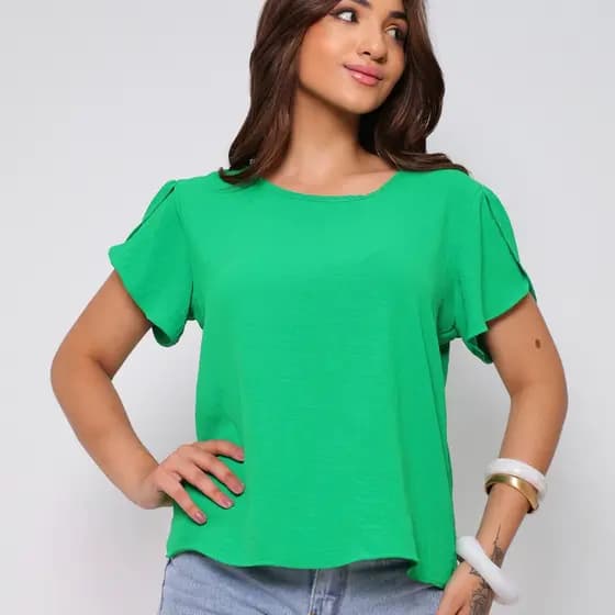 Blusa Feminina Manga Princesa Estilosa Tecido Duna Curta Tulipa Social Bufante Elegante Tendencia Moda Envagelica