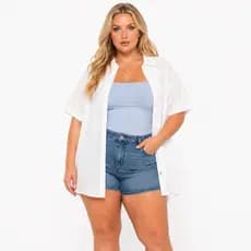 Camisa plus size comprida blusão feminina unissex viscolinho manga curta com botões moda praia