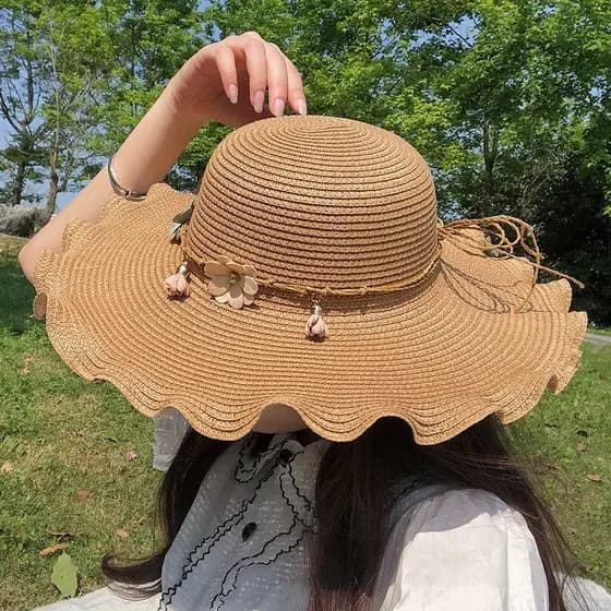 Chapéu de Palha para Mulheres, Chapéu de Praia com Aba Larga, Borda Ondulada, Chapéu de Proteção Solar, Cobertura Facial